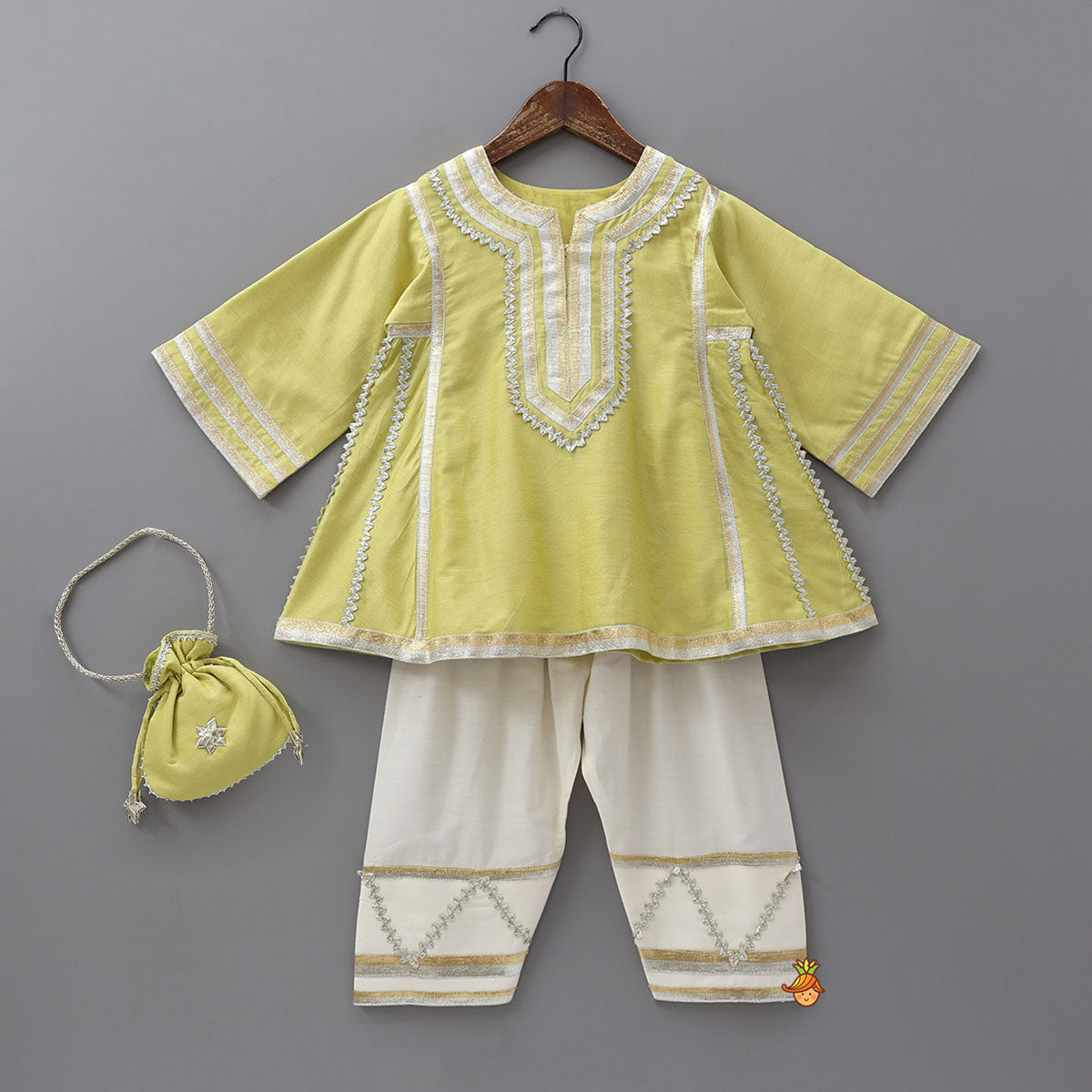 Pre Order: Lace Embellished Kurti And Farshi Salwar With Potli Bag