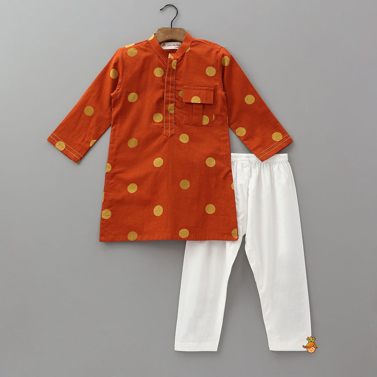 Pre Order: Front Placket Polka Dot Printed Ethnic Kurta And Pyjama