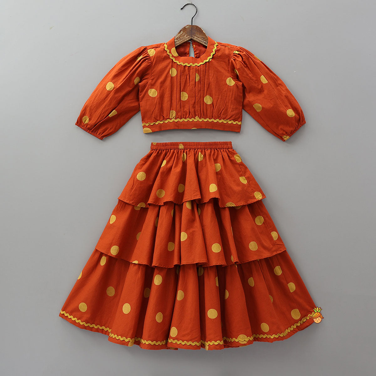 Pre Order: Stylish Sleeves Printed Crop Top And Layered Lehenga