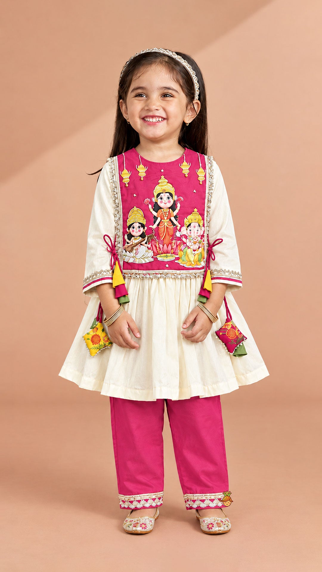 Pre Order: Laxmi, Saraswati, Ganesha Printed Side Knotted Kurti With Pants