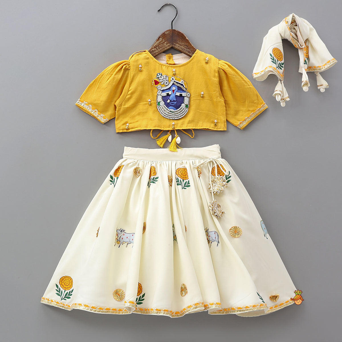 Pre Order: Shree Ji Embroidered Top And Cow Printed Lehenga With Dupatta