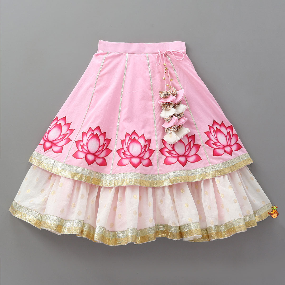 Pre Order: Lotus Motif Halter Top With Tiered Flared Lehenga And Dupatta