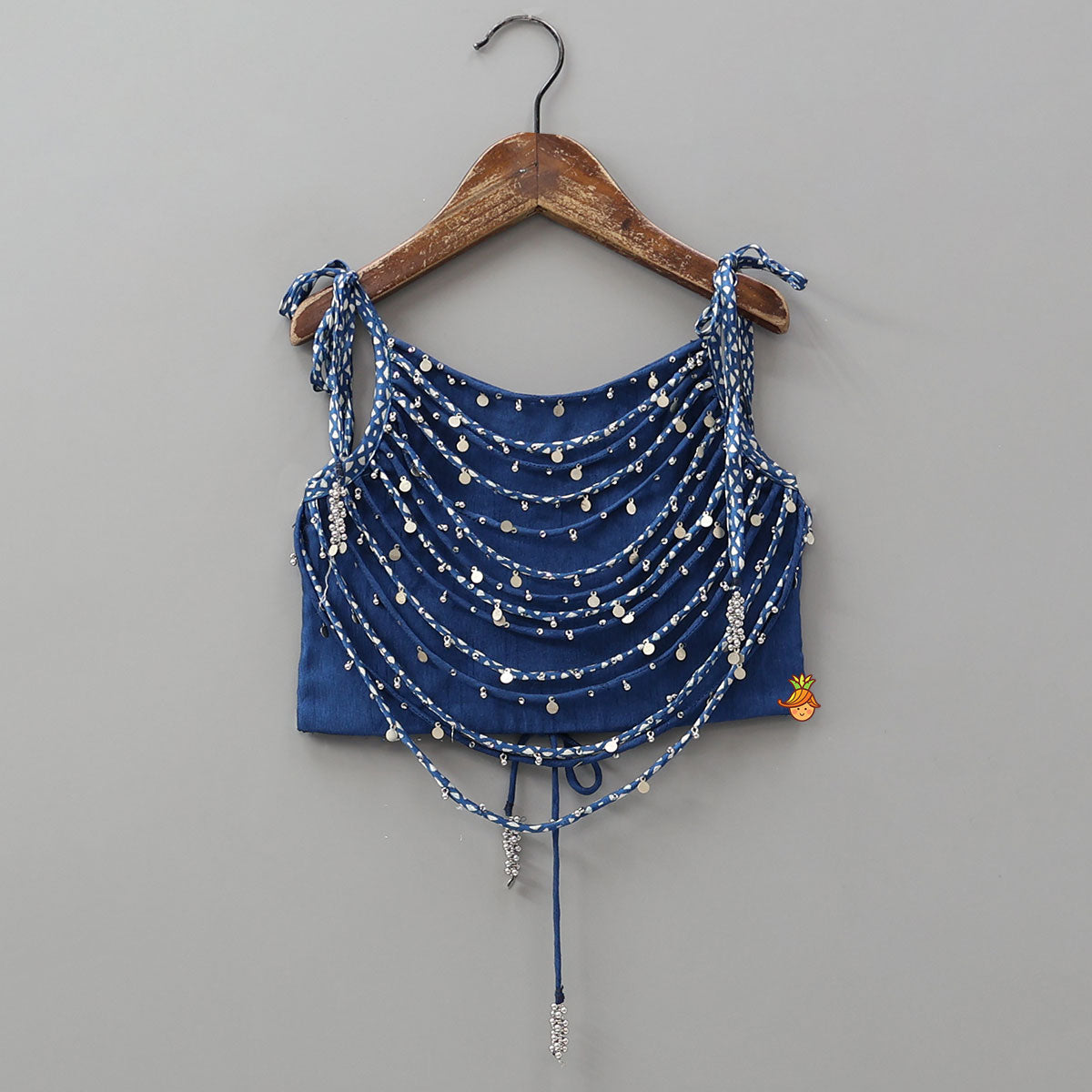 Pre Order: Layered Embellished Top With Printed Lehenga And Bandana