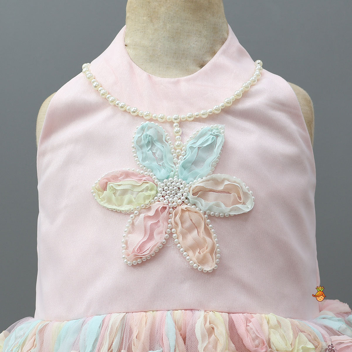 Elegant Halter Neck Dress With Fabric Flower Embellishments