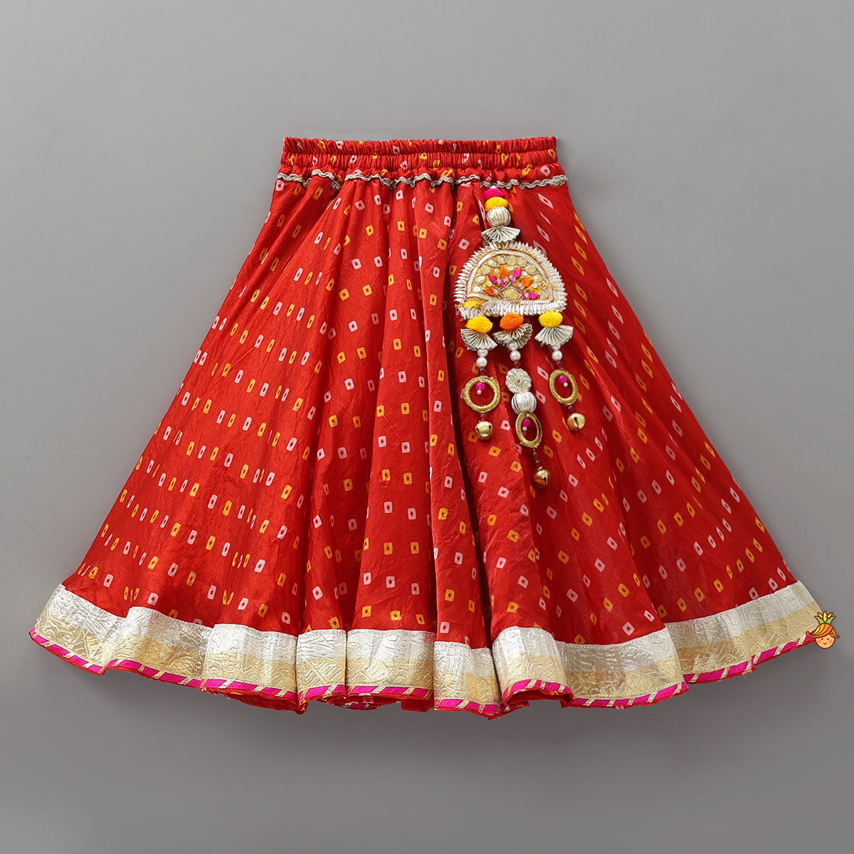 Pre Order: Stunning Crop Top And Tassel Detailed Bandhani Printed Sheen Lehenga With Dupatta