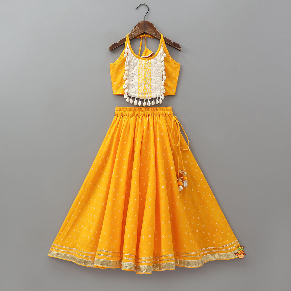 Lace Detailed Halter Neck Crop Top With Flared Lehenga And Dupatta