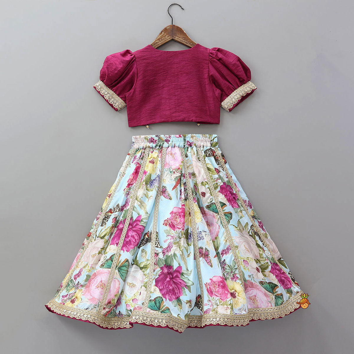 Pre Order: Lace Work Puff Sleeves Crop Top And Floral Printed Lehenga With Dupatta