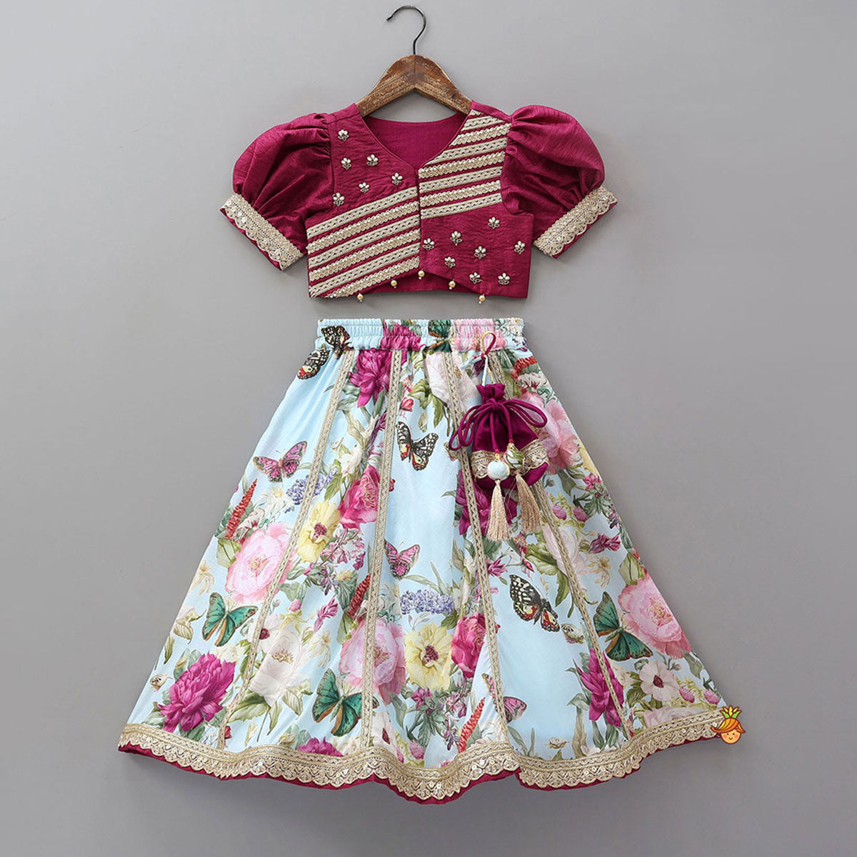 Pre Order: Lace Work Puff Sleeves Crop Top And Floral Printed Lehenga With Dupatta