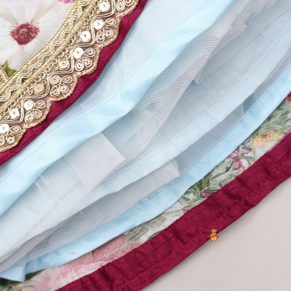 Pre Order: Lace Work Puff Sleeves Crop Top And Floral Printed Lehenga With Dupatta