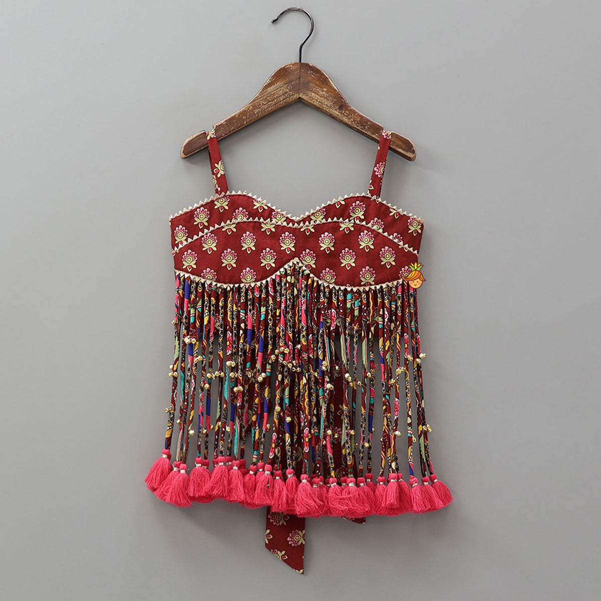 Pre Order: Stunning Multiple Hanging Tassels Detailed Strappy Crop Top And Lehenga