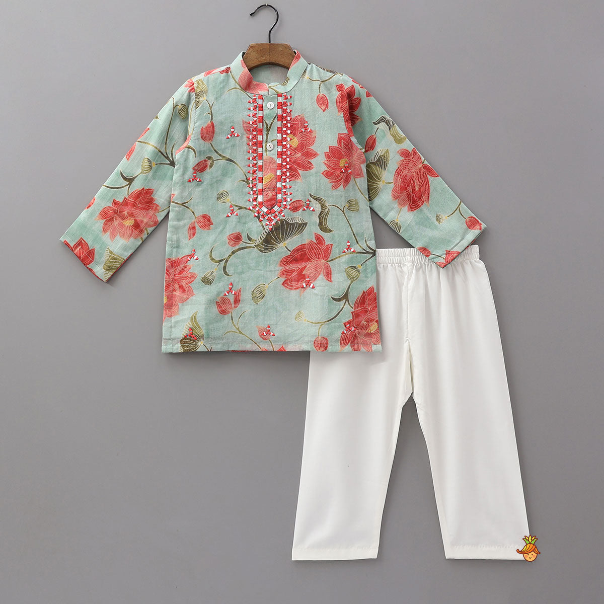 Pre Order: Faux Mirror Embroidered Mulmul Kurta And Pyjama