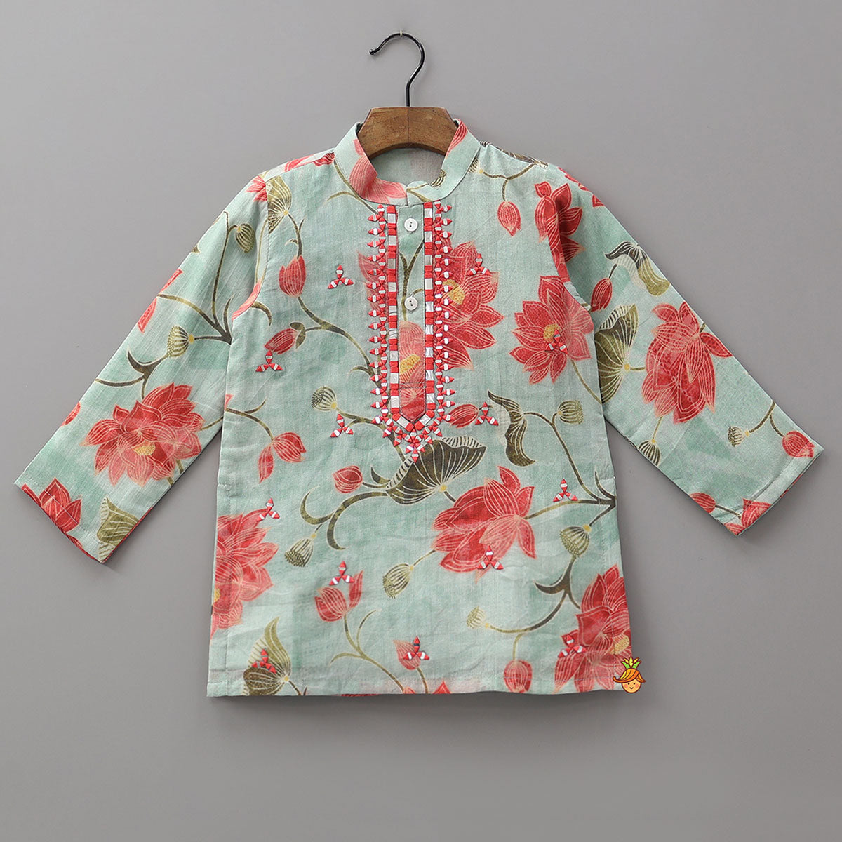 Pre Order: Faux Mirror Embroidered Mulmul Kurta And Pyjama