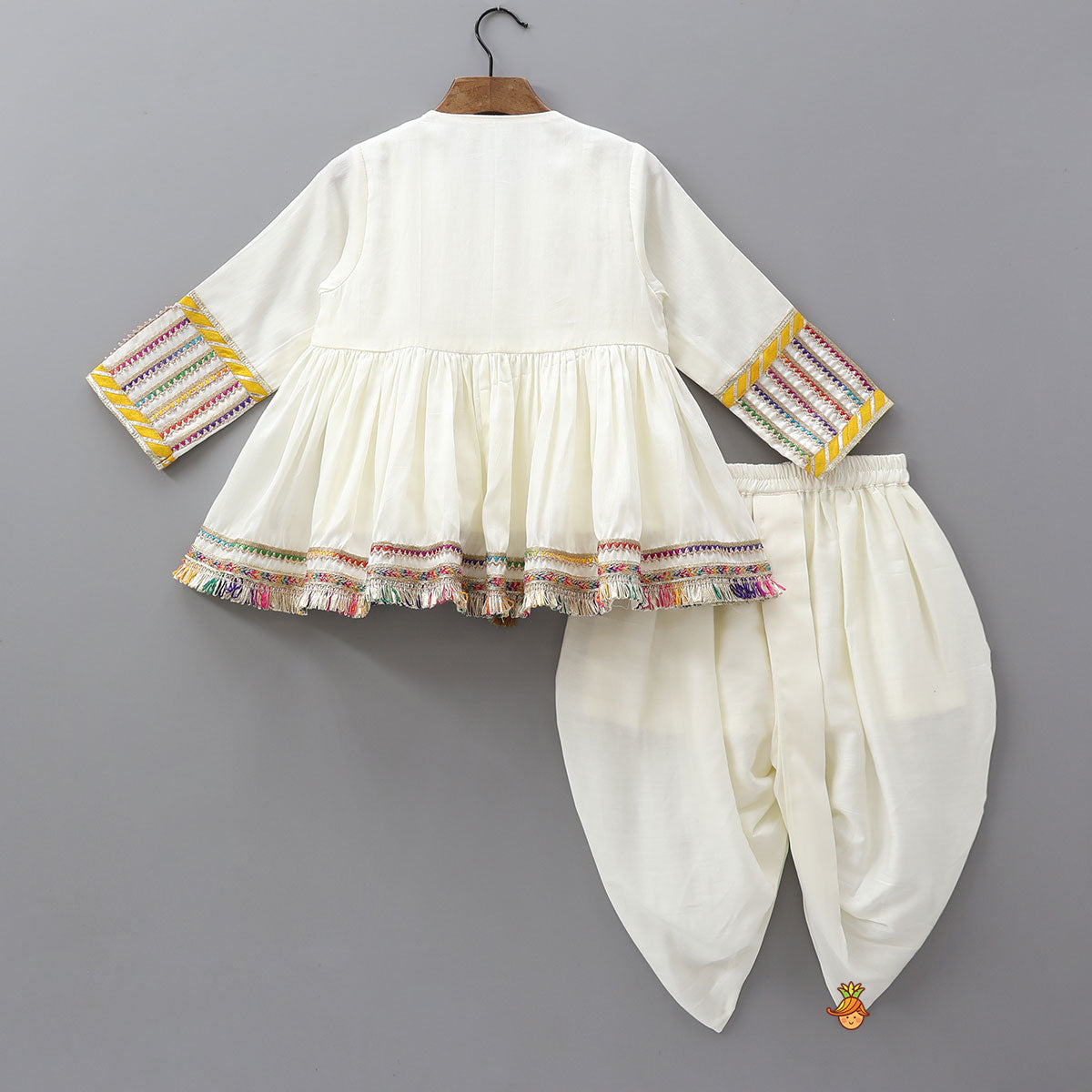 Pre Order: Contrasting Faux Mirror Lace Detailed Kediya With Dhoti And Head Band