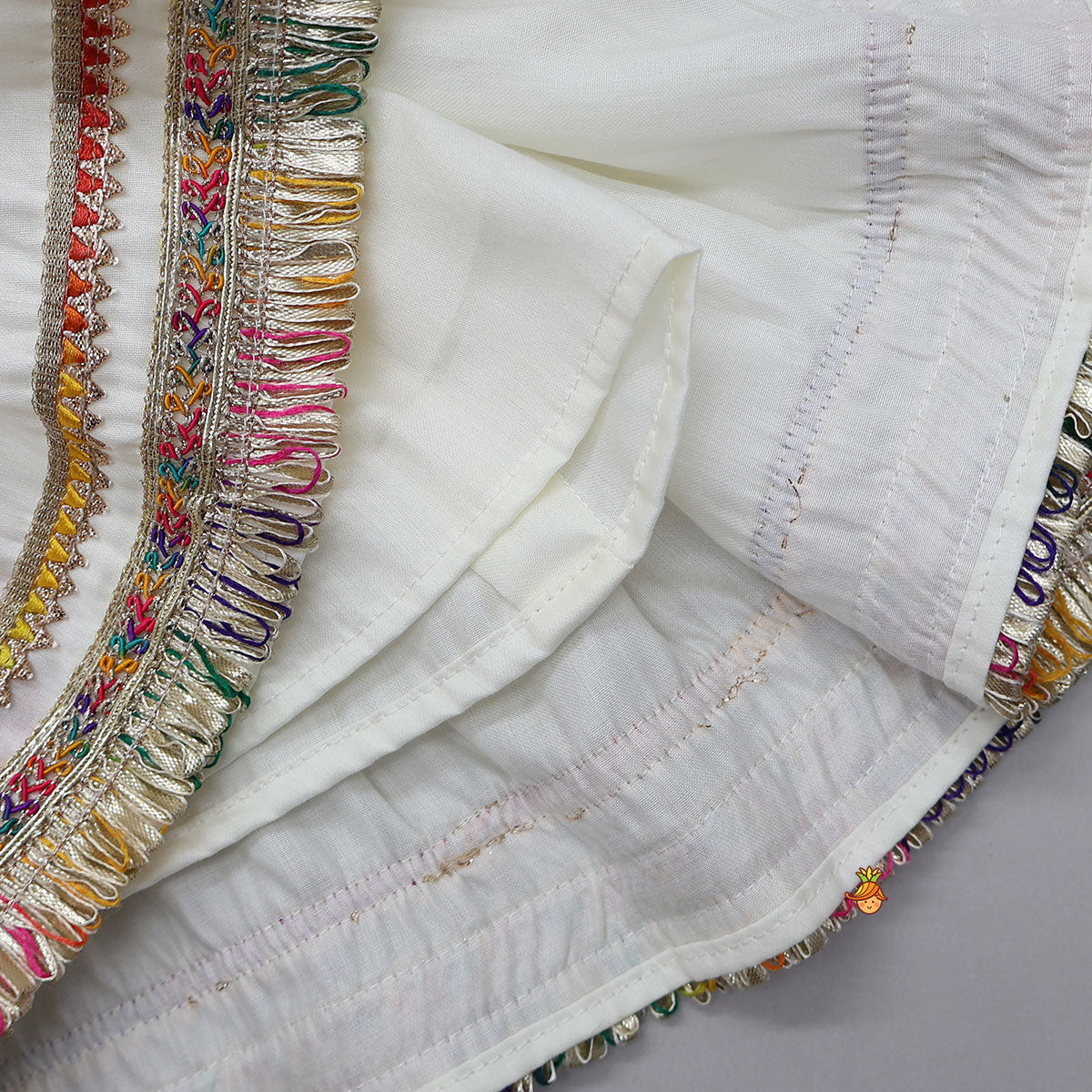 Pre Order: Contrasting Faux Mirror Lace Detailed Kediya With Dhoti And Head Band