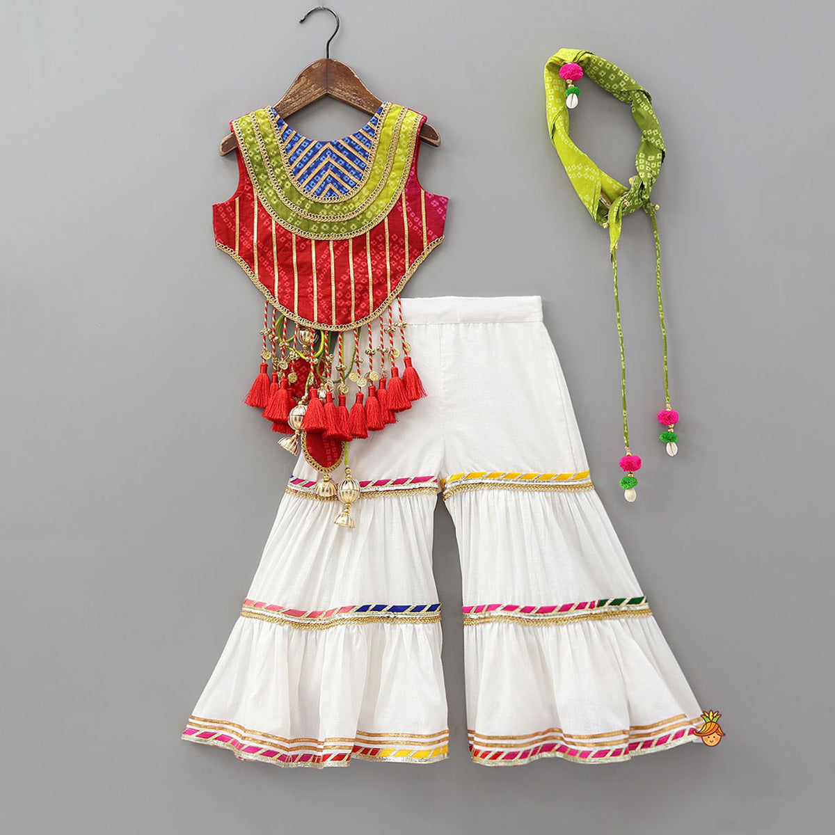 Pre Order: Tassels Adorned Criss Cross Bandhani Top And Tiered Sharara With Bandana