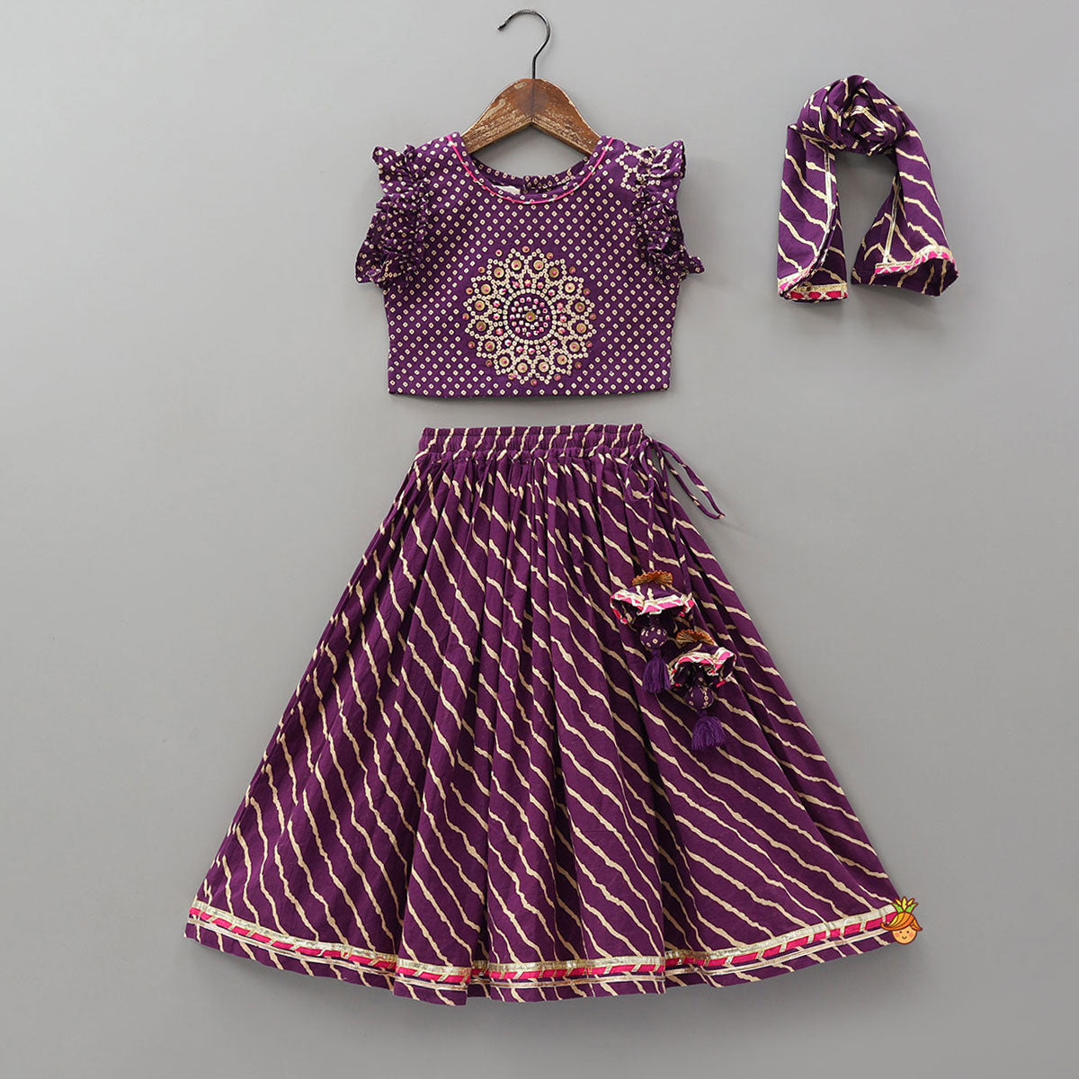 Bandhani Printed Frill Detail Crop Top And Lehenga With Dupatta