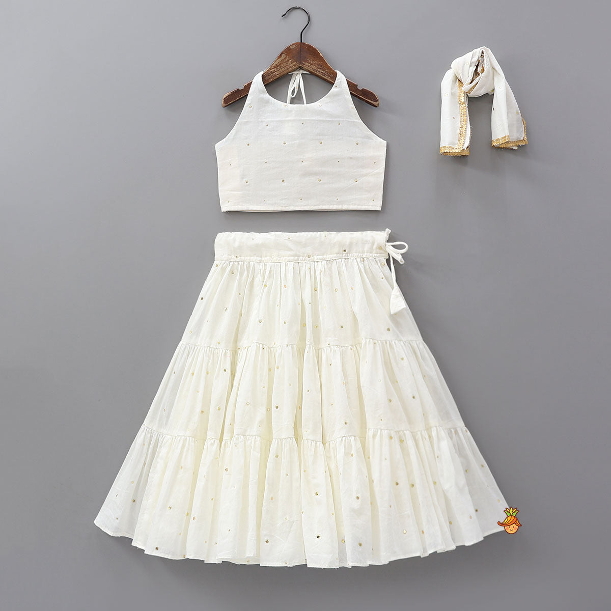 Pre Order: Halter Neck Cotton Crop Top And Tiered Lehenga With Matching Dupatta