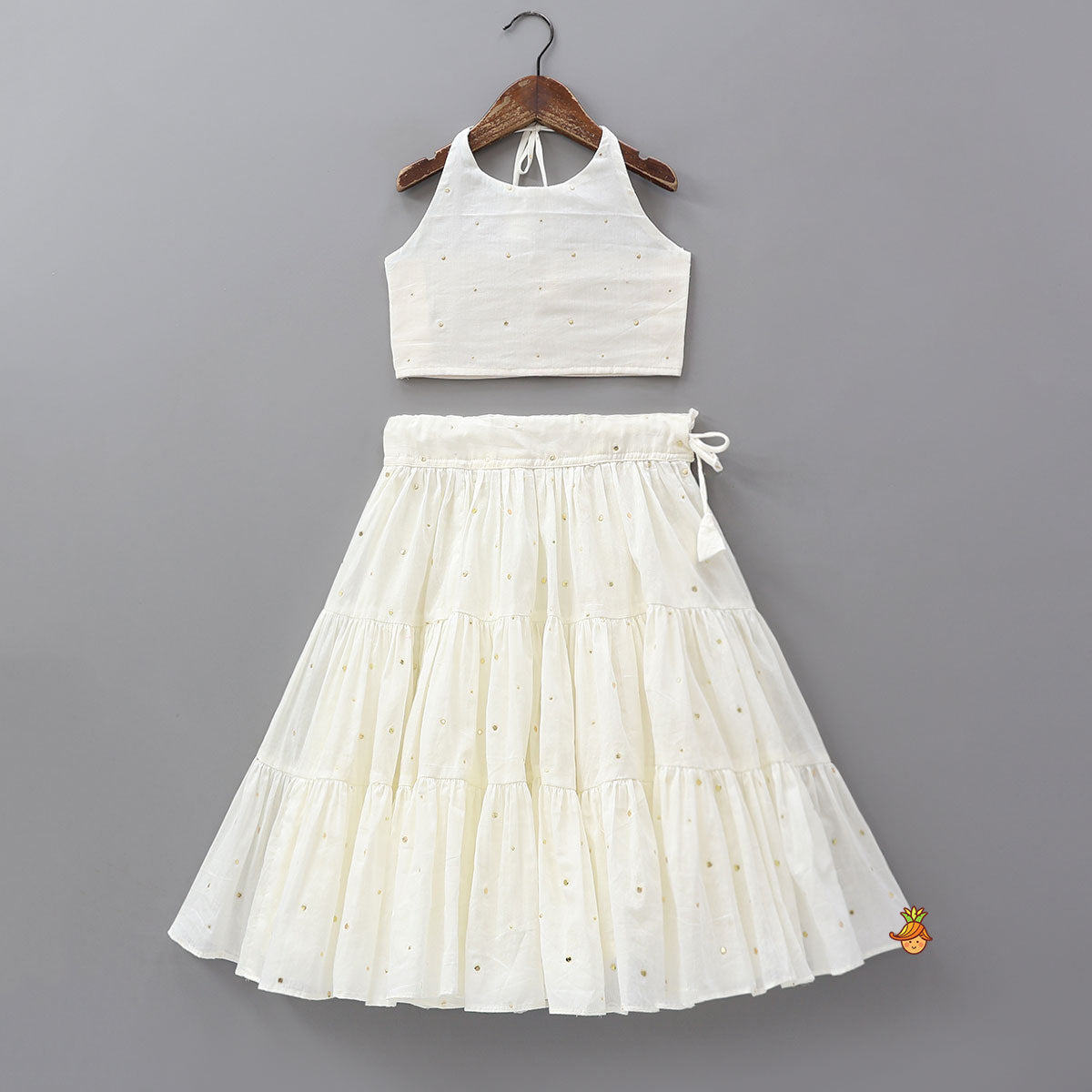 Pre Order: Halter Neck Cotton Crop Top And Tiered Lehenga With Matching Dupatta