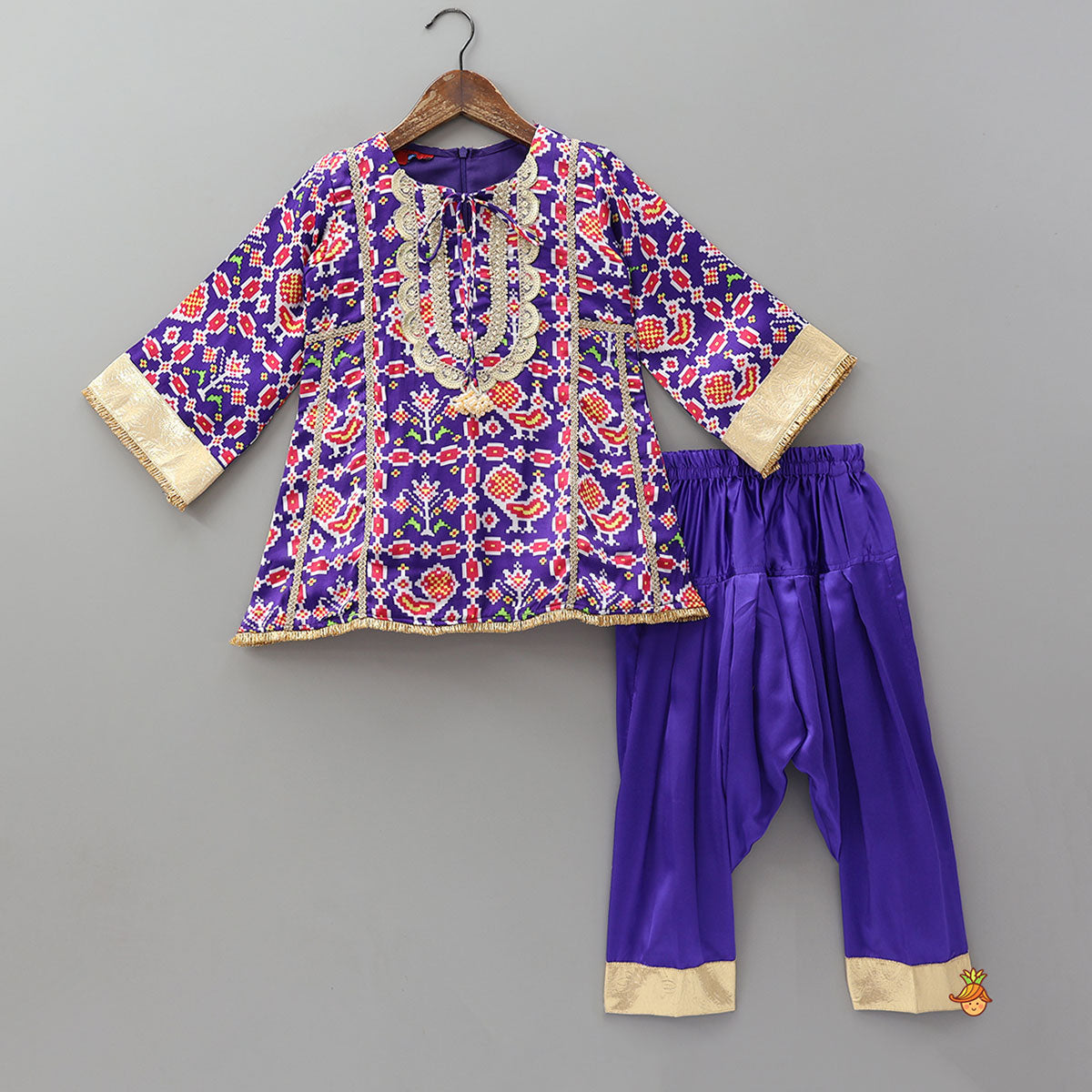 Pre Order: Front Knot Detail Patola Printed Kurti With Salwar And Contrasting Dupatta