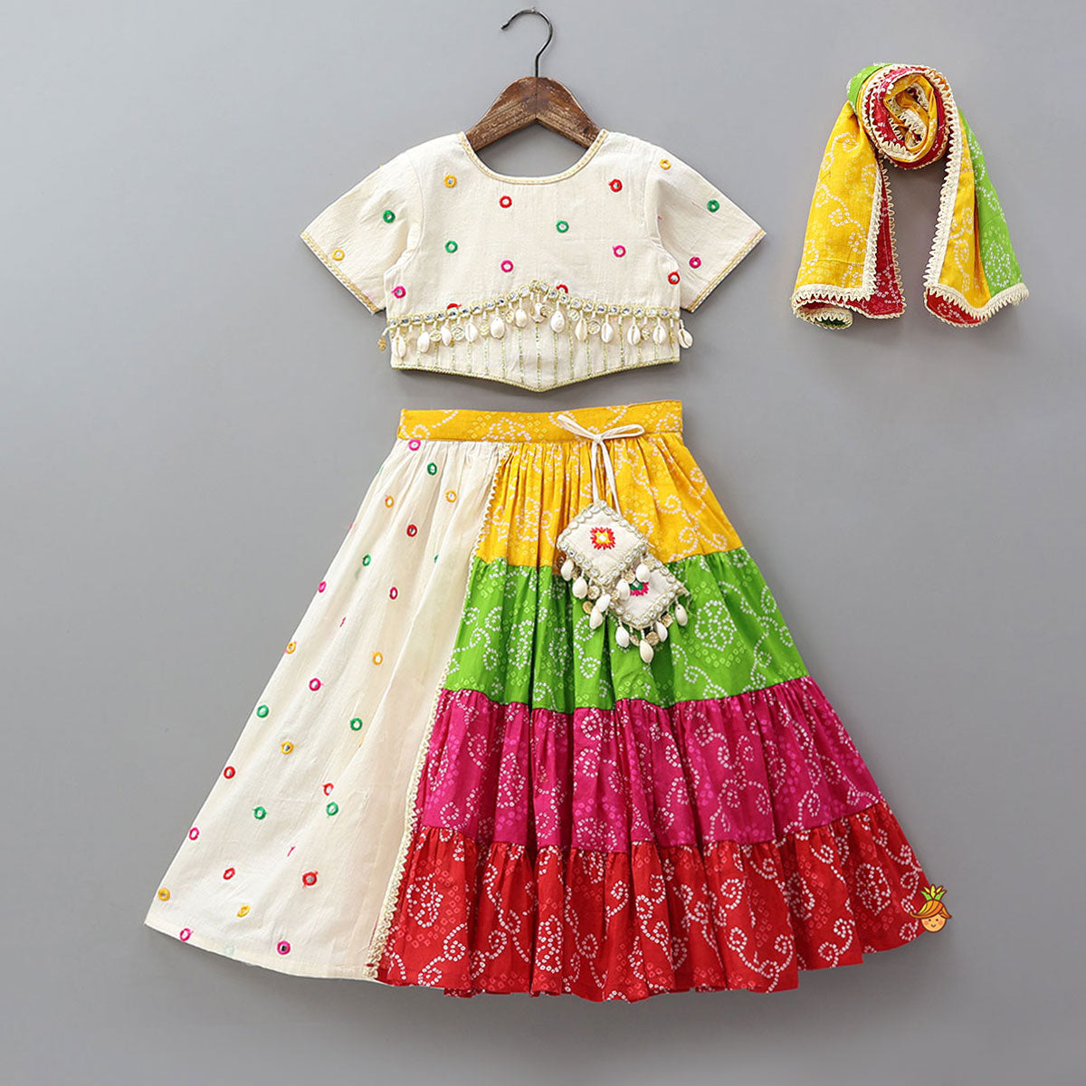 Pre Order: Exquisite Faux Mirror Embellished Crop Top With Multicolour Bandhani Printed Lehenga And Dupatta