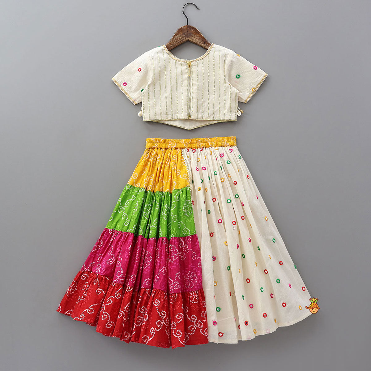 Pre Order: Exquisite Faux Mirror Embellished Crop Top With Multicolour Bandhani Printed Lehenga And Dupatta