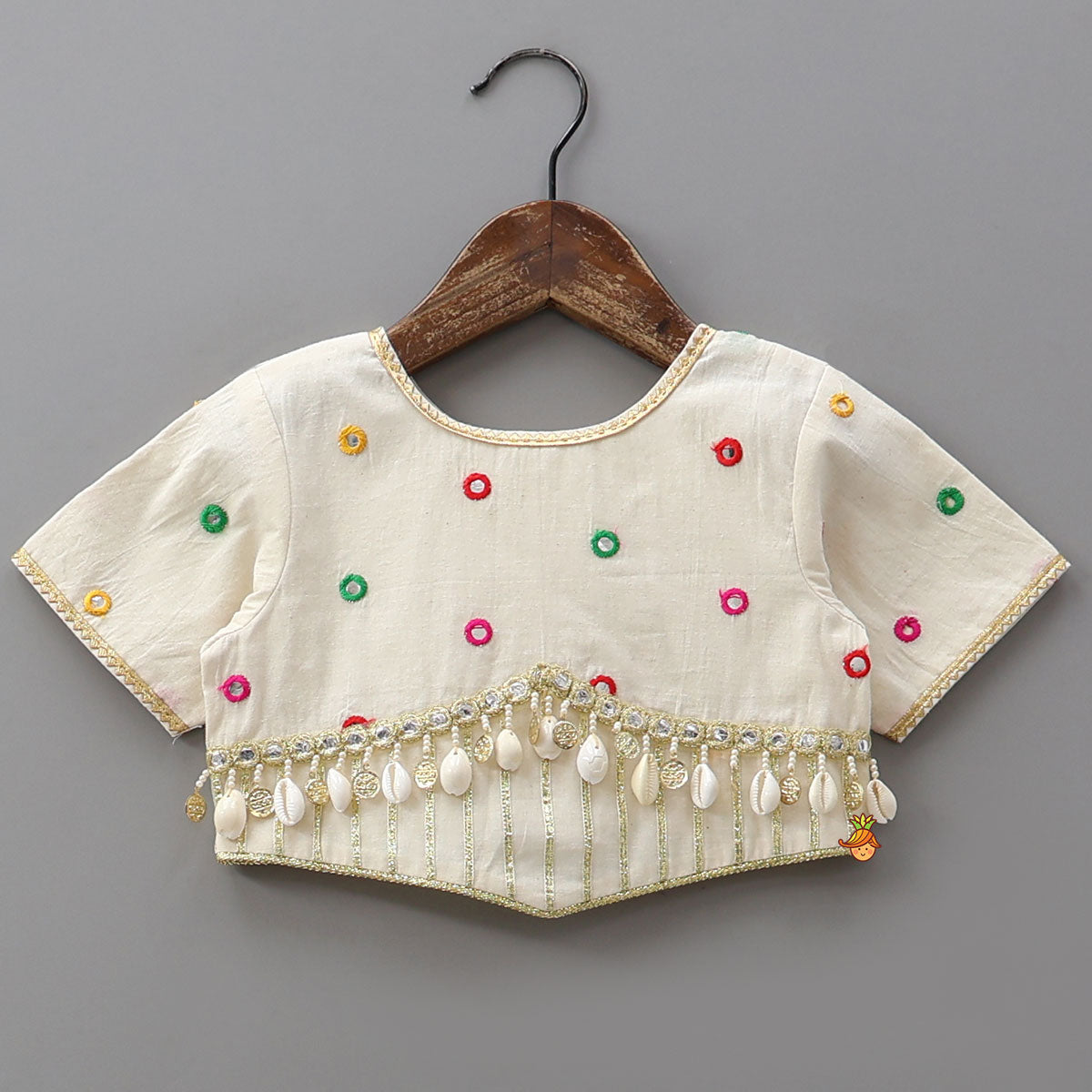 Pre Order: Exquisite Faux Mirror Embellished Crop Top With Multicolour Bandhani Printed Lehenga And Dupatta