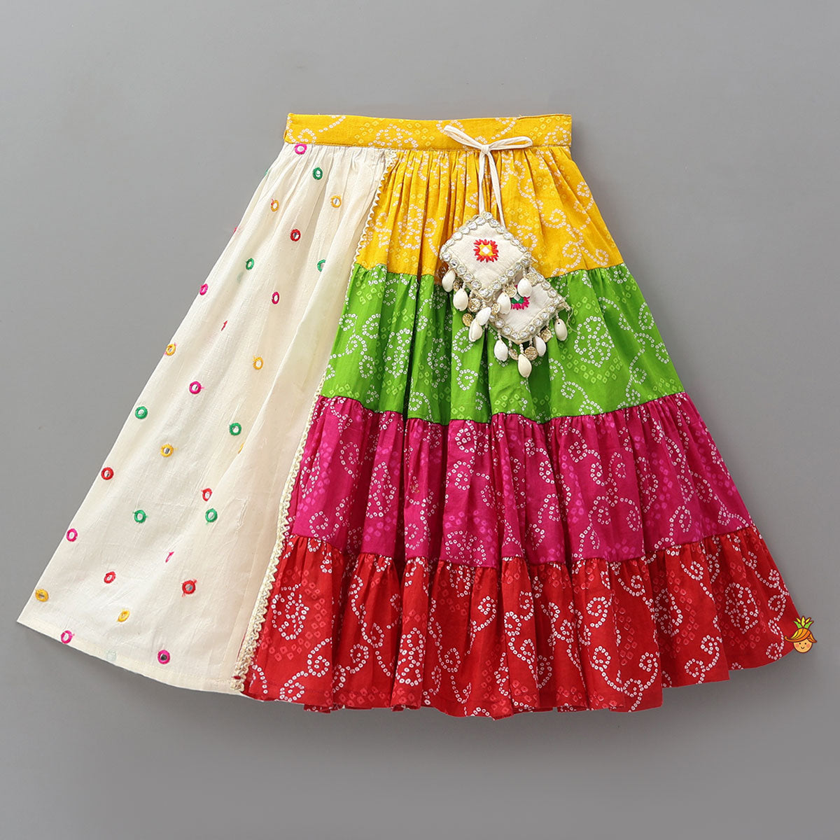 Pre Order: Exquisite Faux Mirror Embellished Crop Top With Multicolour Bandhani Printed Lehenga And Dupatta