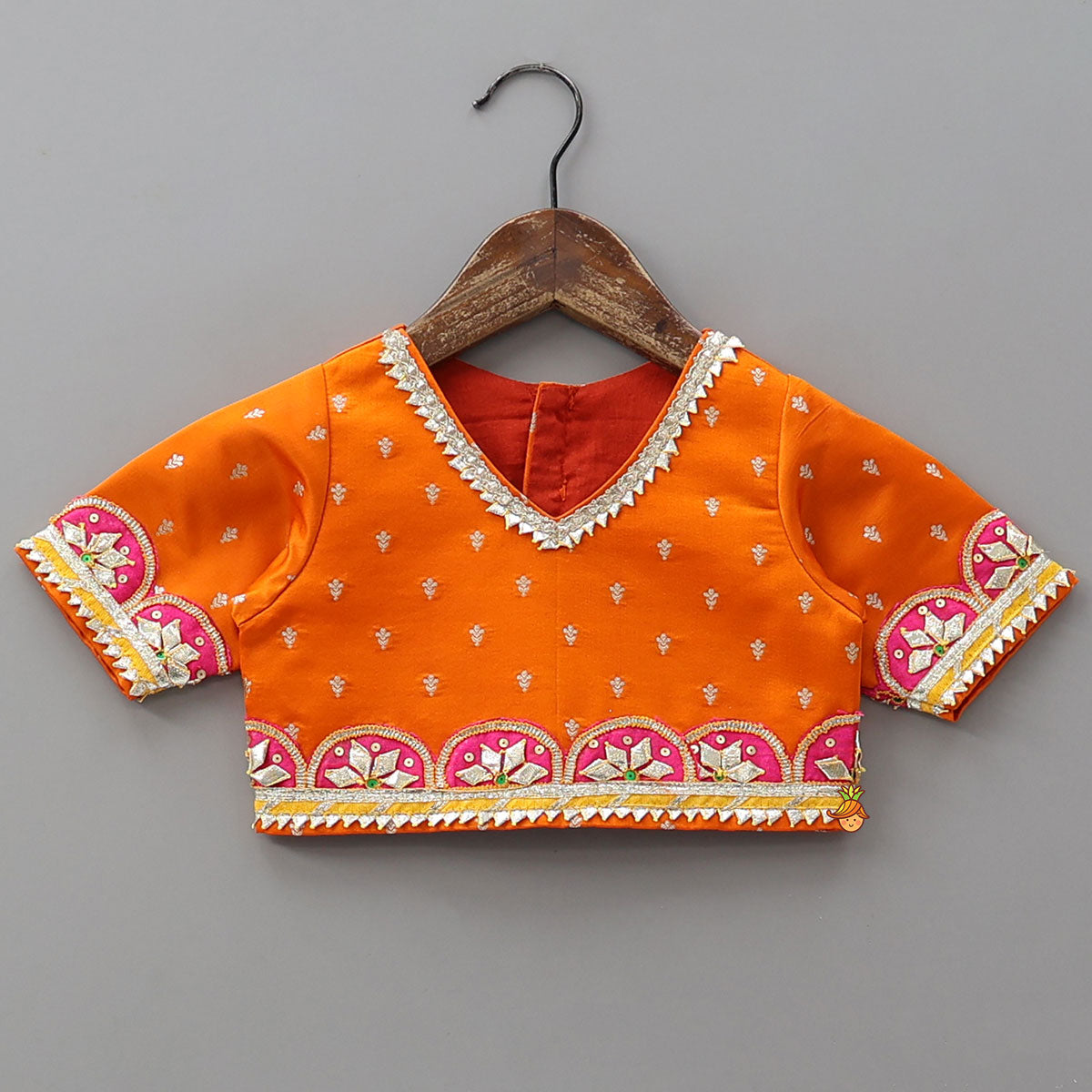 Pre Order: V Neck Gota Work Crop Top And Lehenga With Contrasting Dupatta