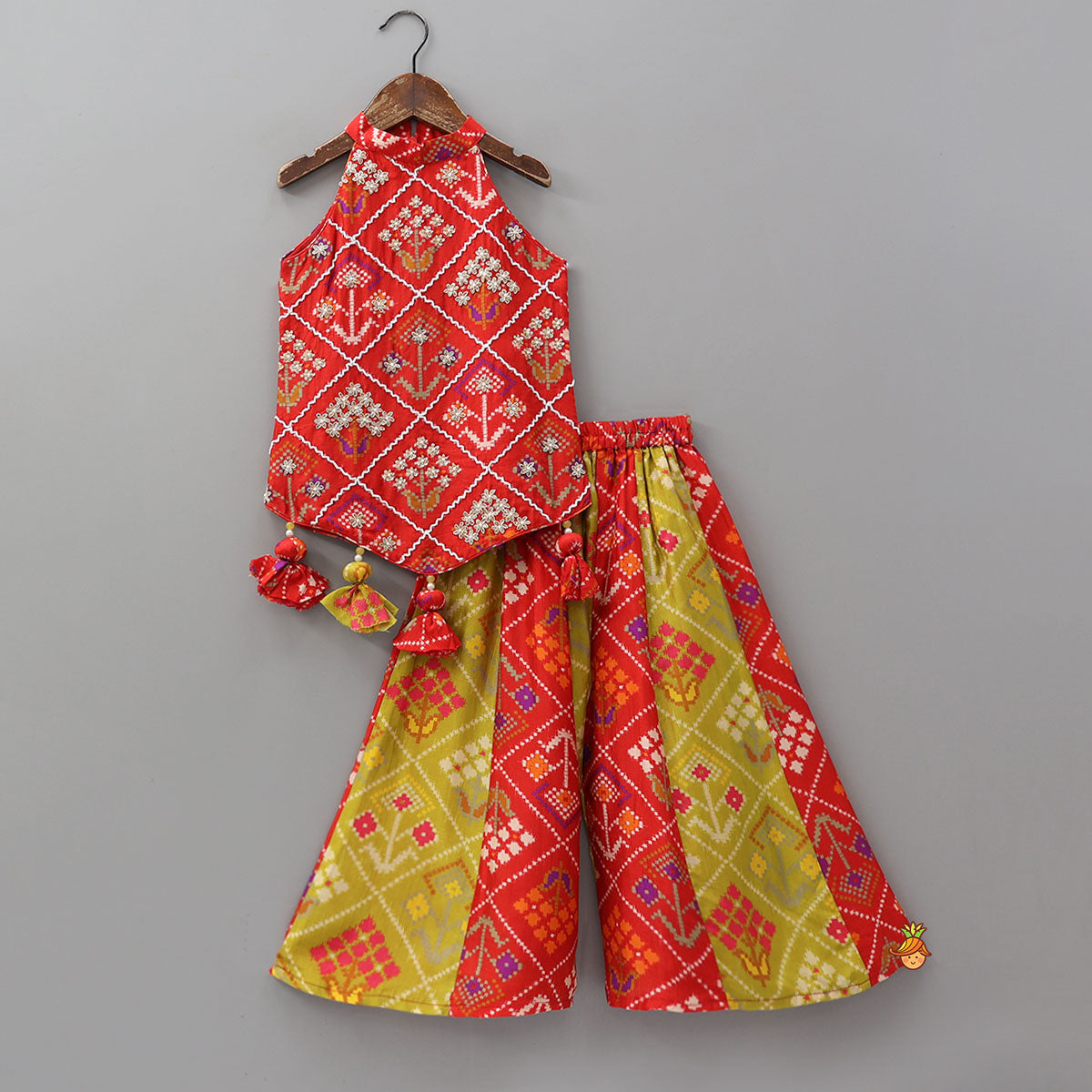 Pre Order: Charming Patola Inspired Embroidered Halter Top With Flared Palazzo