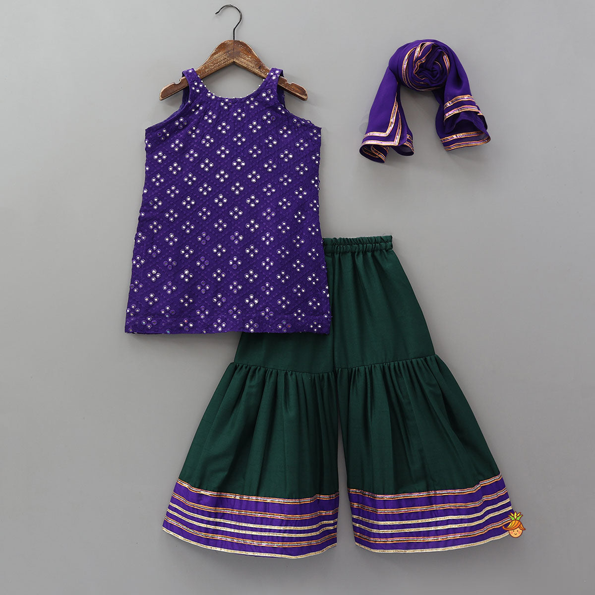 Pre Order: Festive Faux Mirror Work Kurti And Sharara With Dupatta