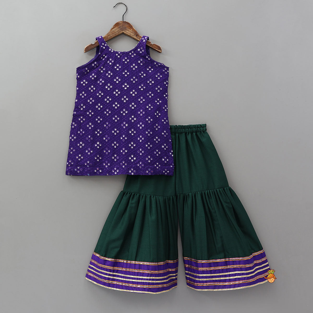 Pre Order: Festive Faux Mirror Work Kurti And Sharara With Dupatta