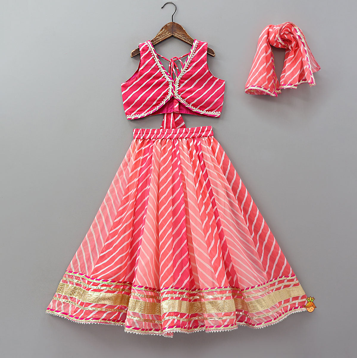 Pre Order: Vibrant Leheriya Printed Crop Top And Lehenga With Dupatta