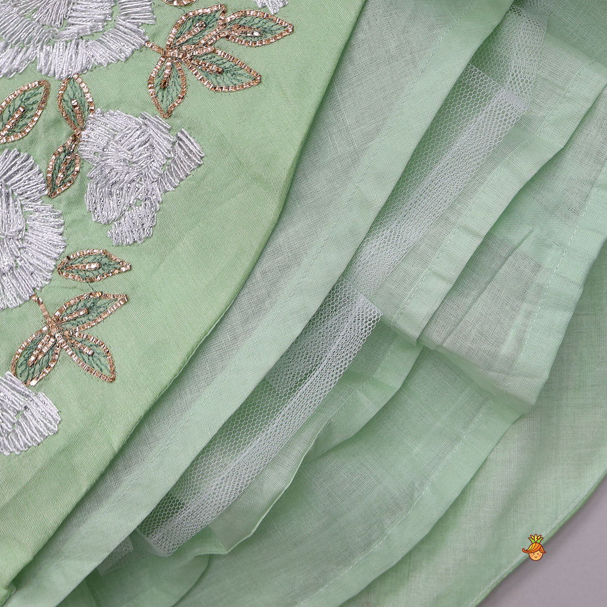 Pre Order: Gota Floral Work Top And Flared Lehenga With Scalloped Dupatta