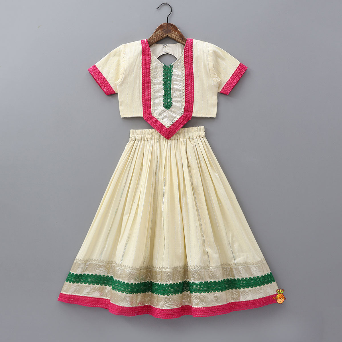 Pre Order: Lurex Striped Crop Top And Lehenga With Matching Shiny Dupatta