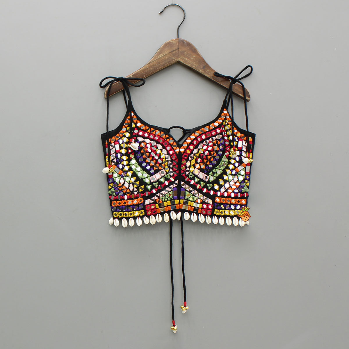 Pre Order: Beautiful Mirror Hand Embroidered Tie-Up Crop Top With Bandhani Printed Lehenga And Bandana