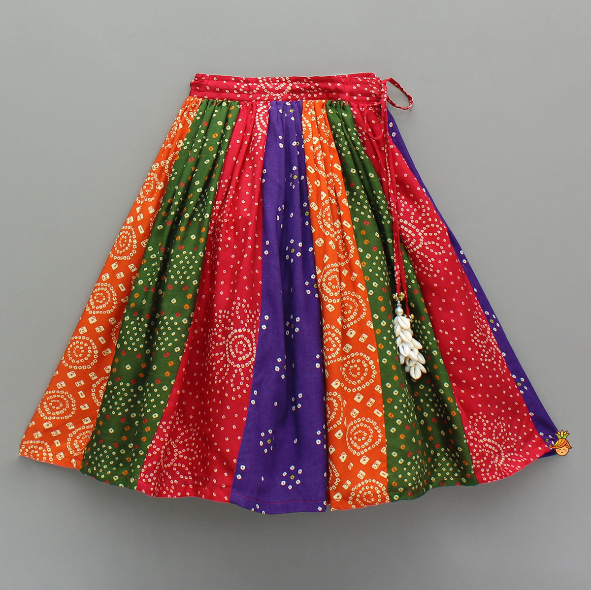 Pre Order: Beautiful Mirror Hand Embroidered Tie-Up Crop Top With Bandhani Printed Lehenga And Bandana