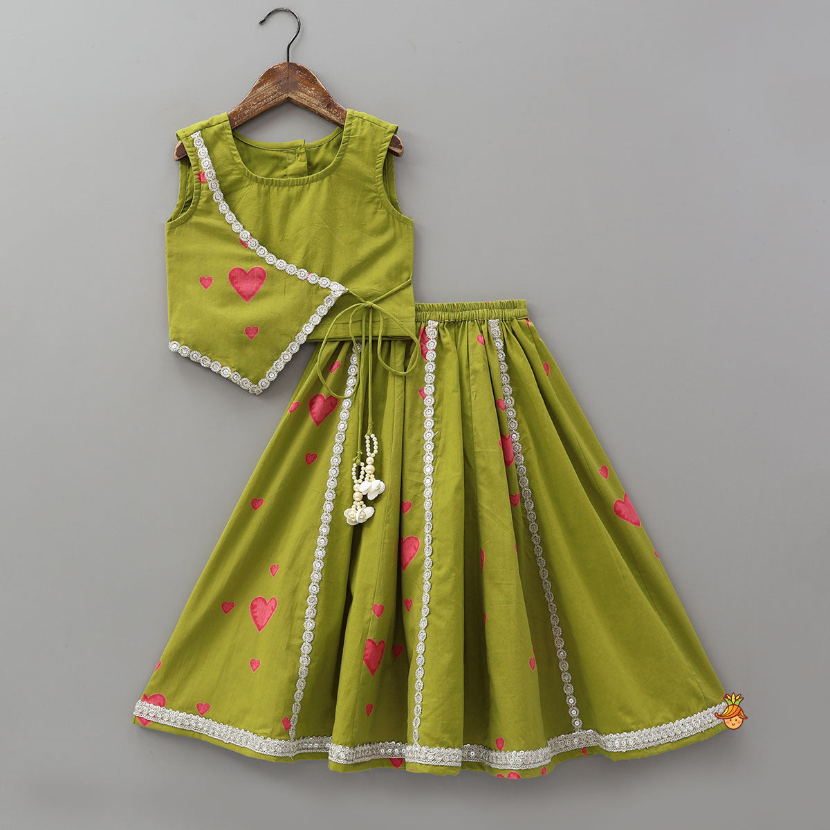 Pre Order: Heart Printed Asymmetric Crop Top And Lehenga