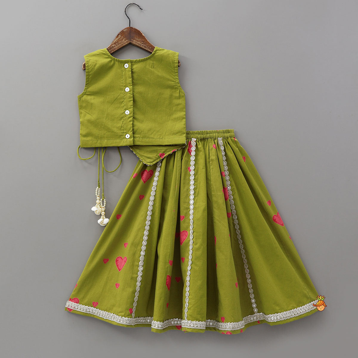 Pre Order: Heart Printed Asymmetric Crop Top And Lehenga