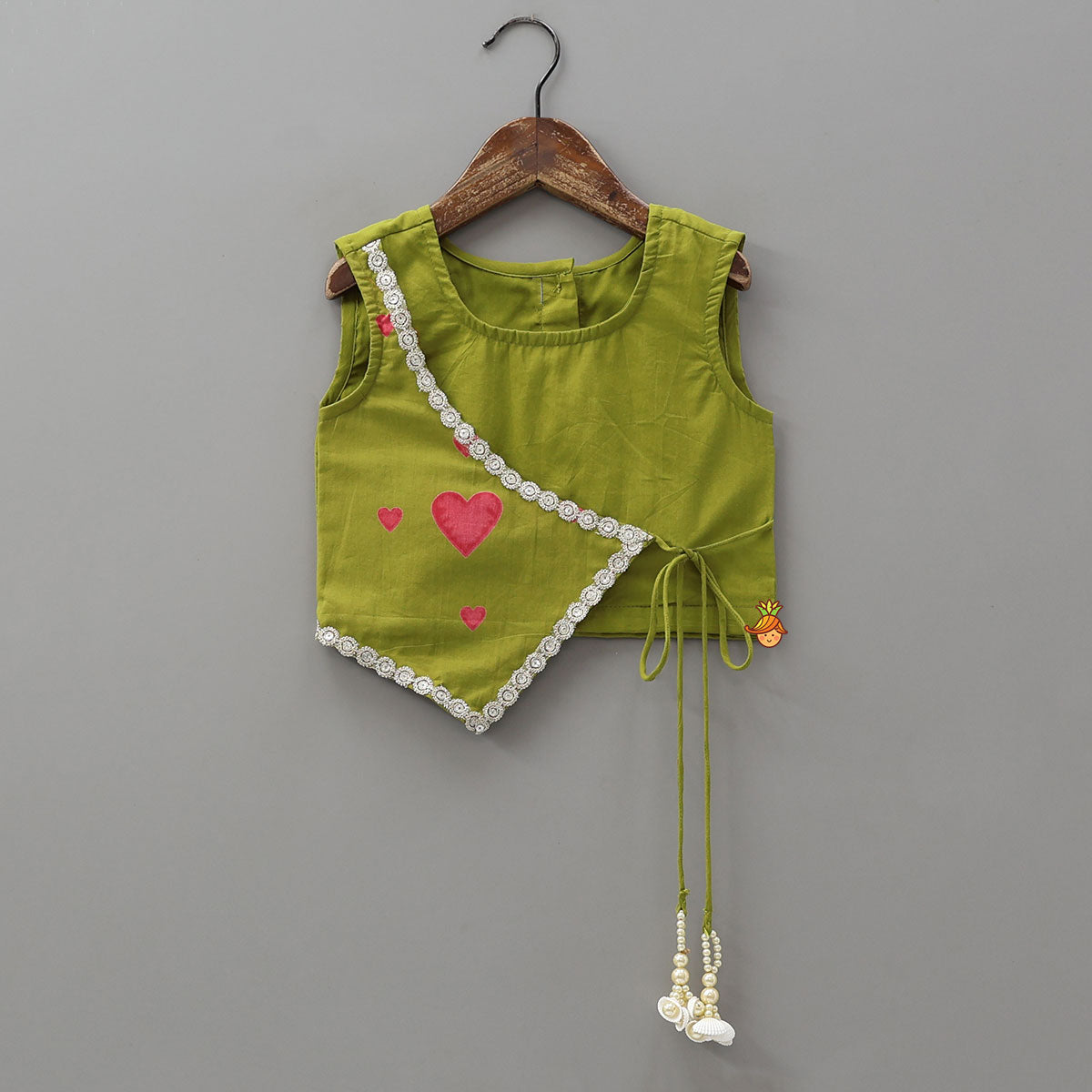Pre Order: Heart Printed Asymmetric Crop Top And Lehenga