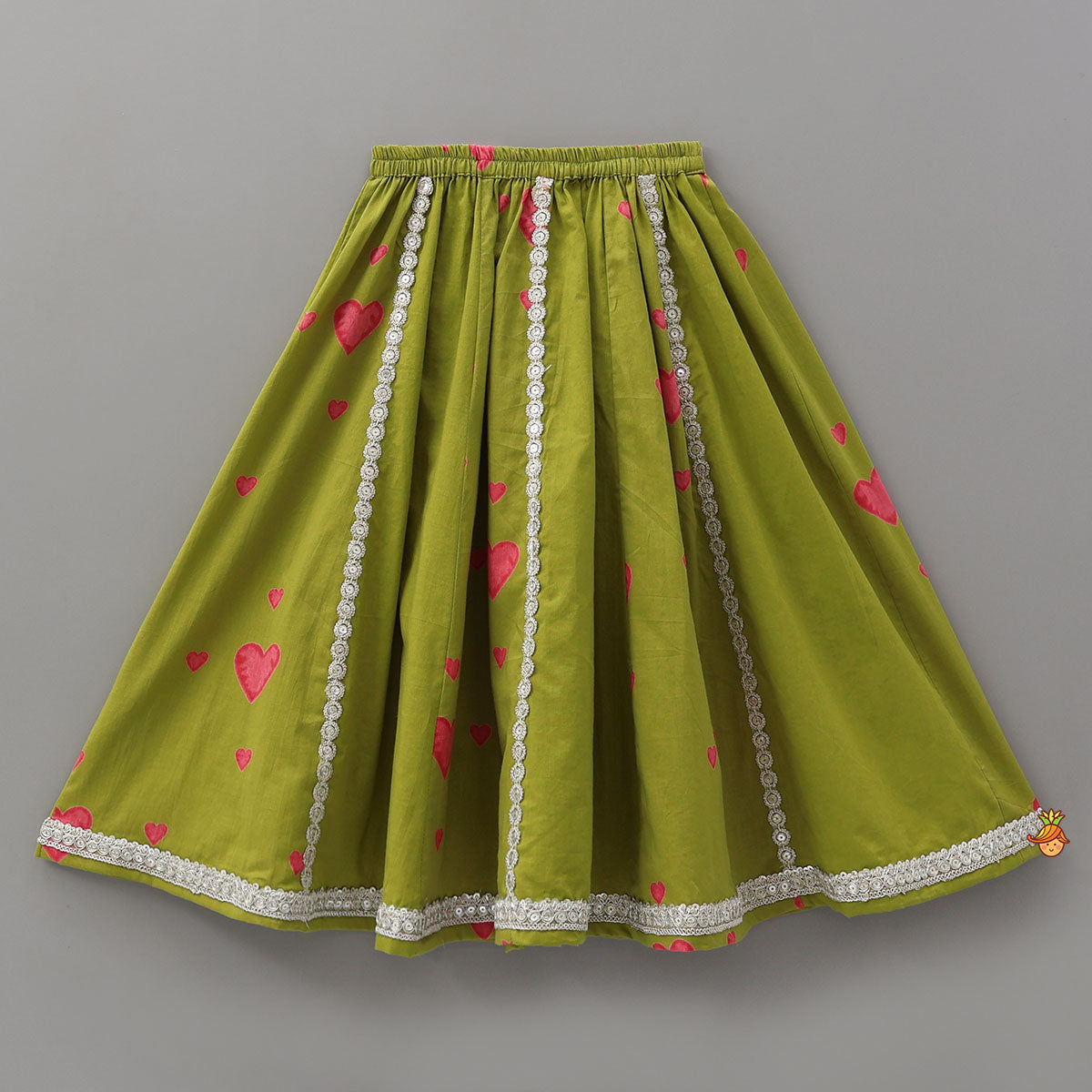 Pre Order: Heart Printed Asymmetric Crop Top And Lehenga
