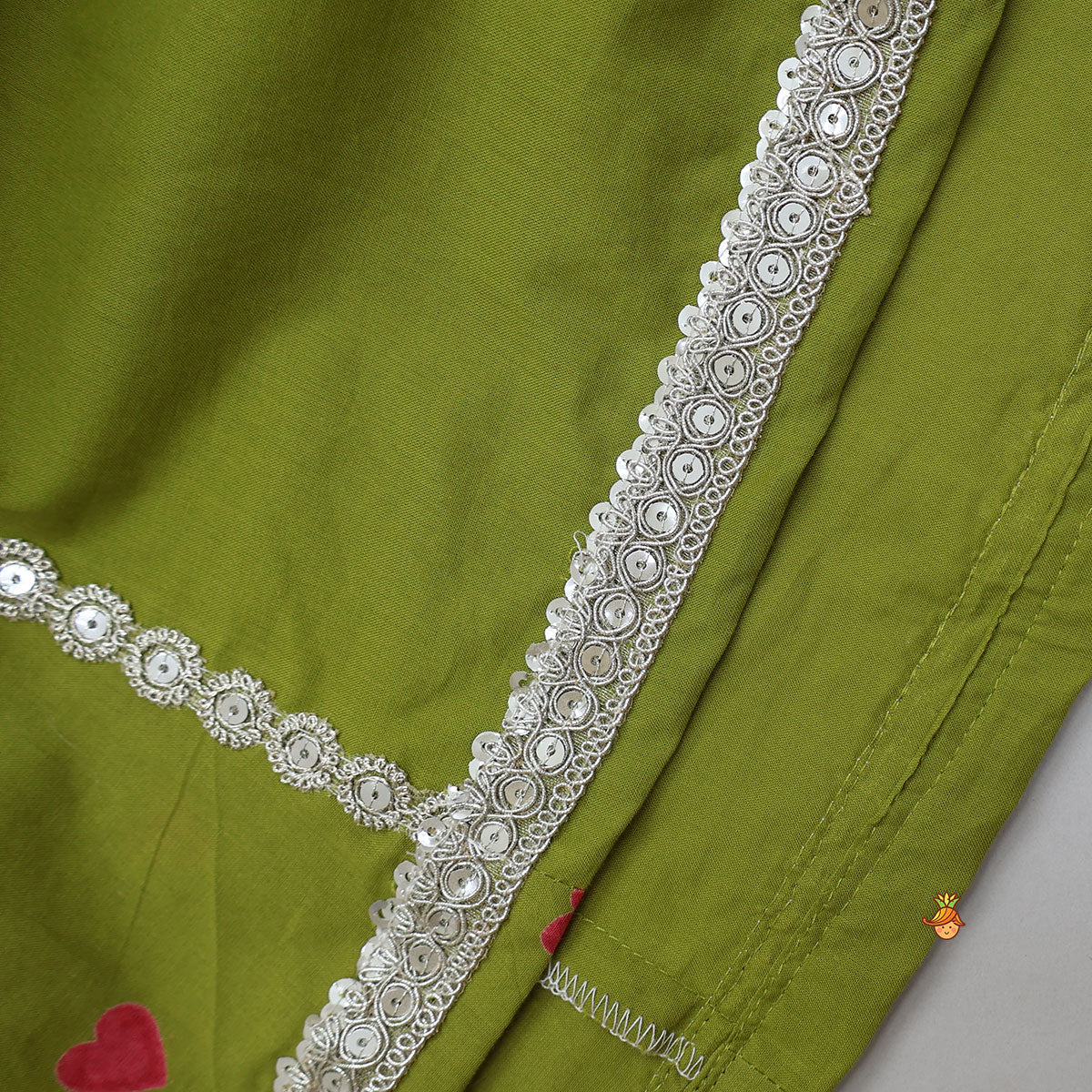 Pre Order: Heart Printed Asymmetric Crop Top And Lehenga