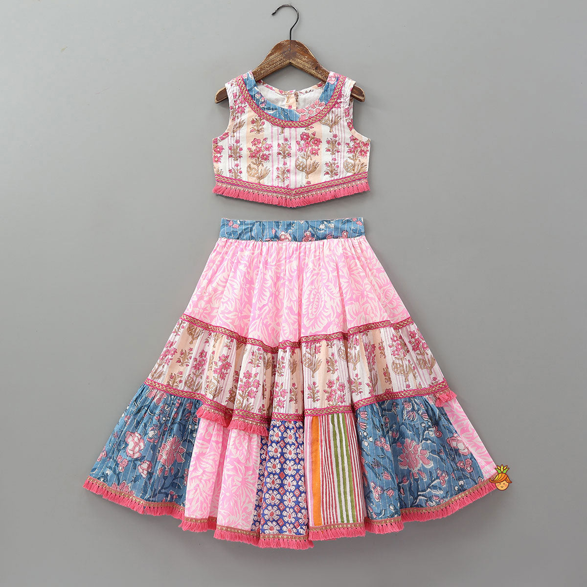Pre Order: Hand Block Printed Cotton Crop Top And Lehenga With Dupatta