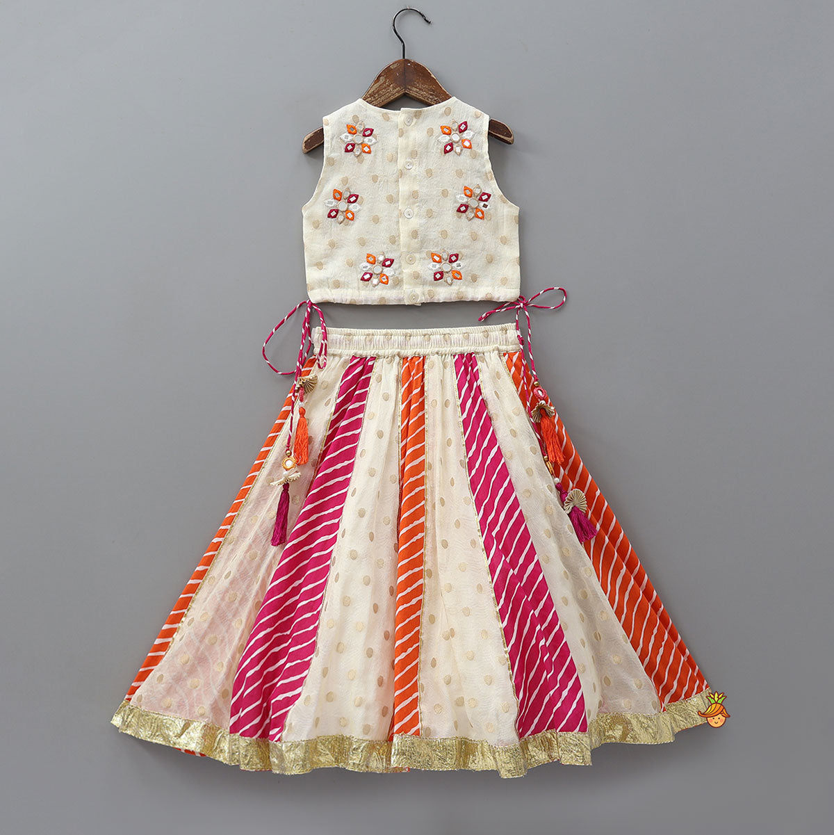 Pre Order: Mirror Work Crop Top And Leheriya Printed Lehenga With Stylish Dupatta