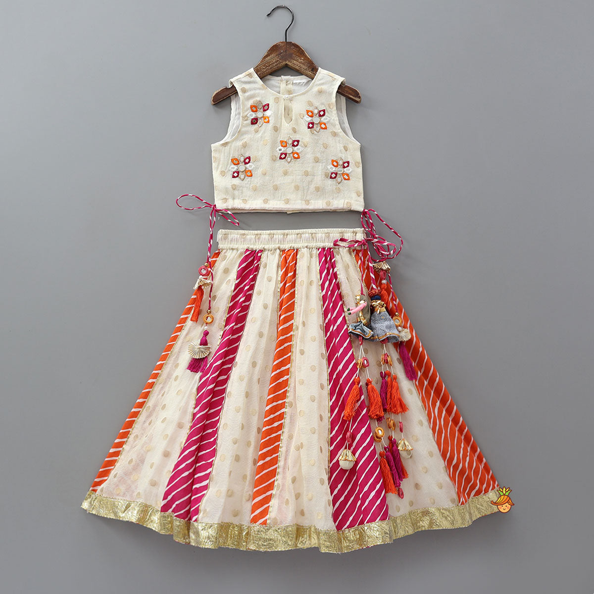 Pre Order: Mirror Work Crop Top And Leheriya Printed Lehenga With Stylish Dupatta