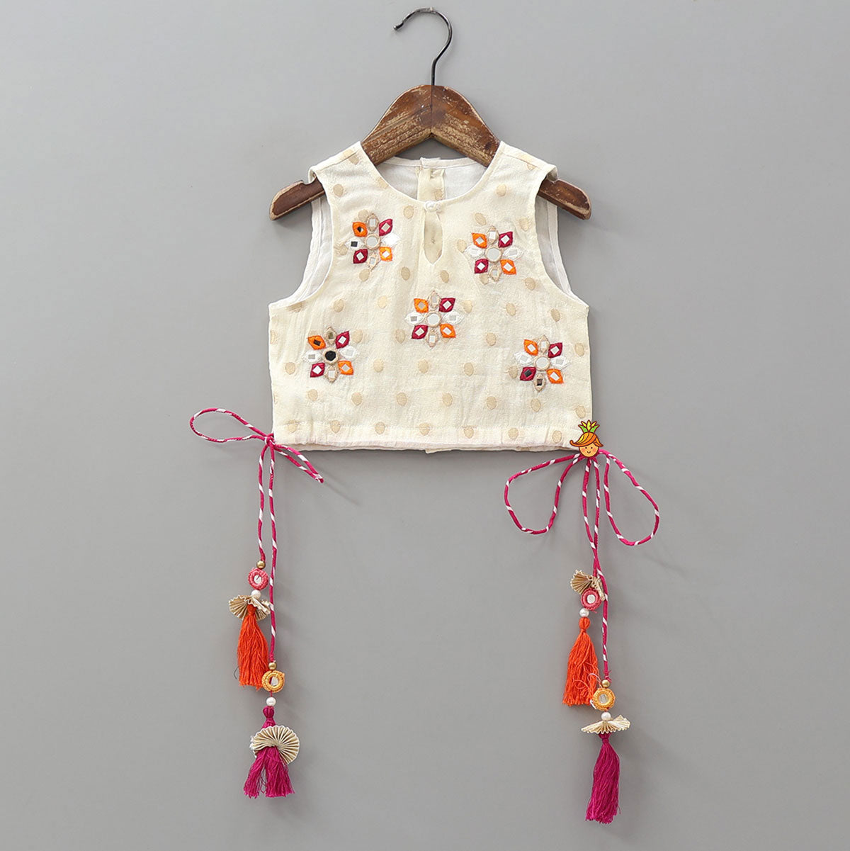 Pre Order: Mirror Work Crop Top And Leheriya Printed Lehenga With Stylish Dupatta