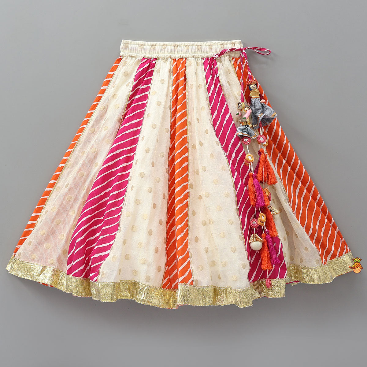 Pre Order: Mirror Work Crop Top And Leheriya Printed Lehenga With Stylish Dupatta