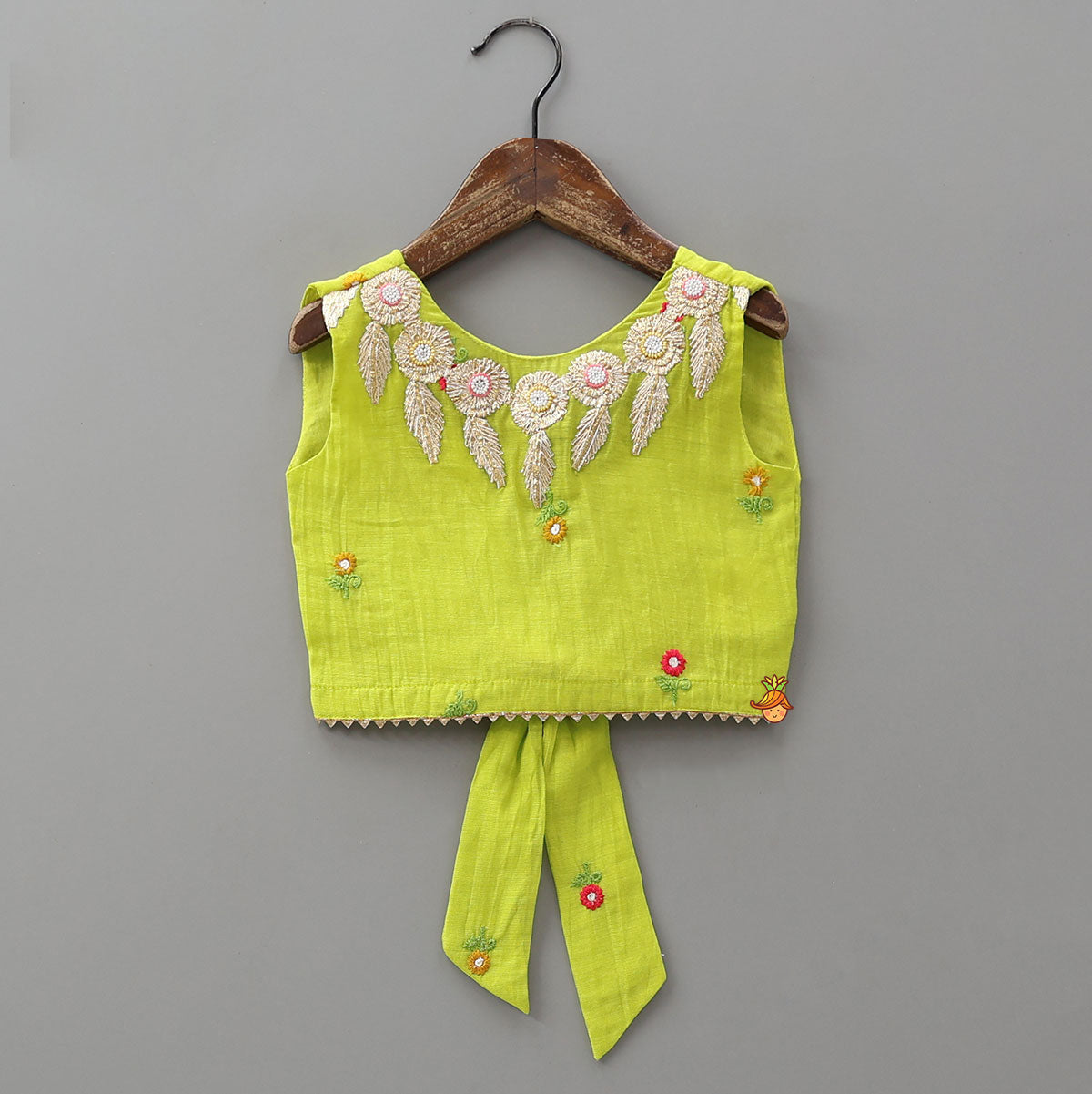 Pre Order: Floral Gota Work Round Neck Crop Top And Lehenga With Contrasting Dupatta