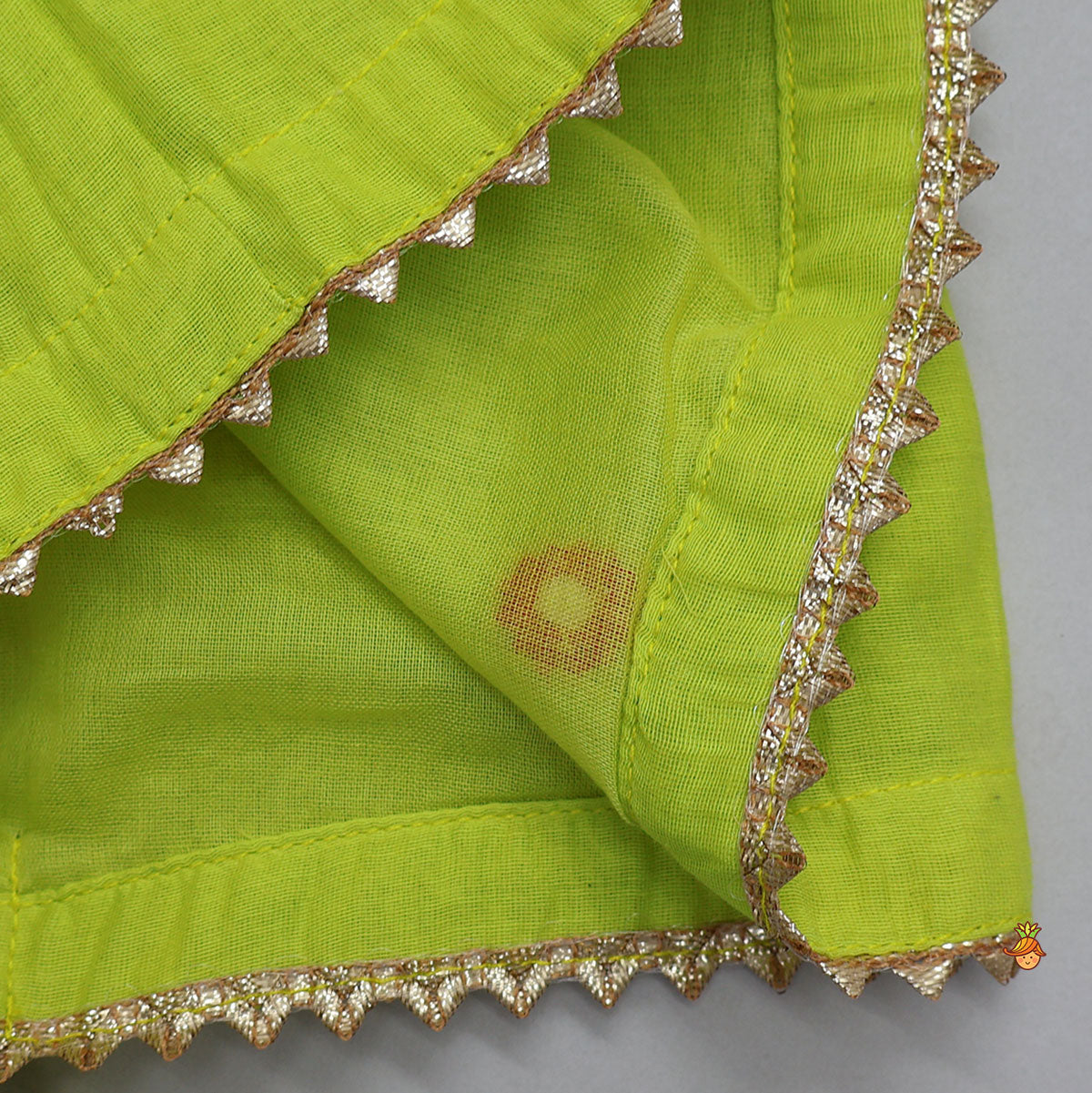Pre Order: Floral Gota Work Round Neck Crop Top And Lehenga With Contrasting Dupatta