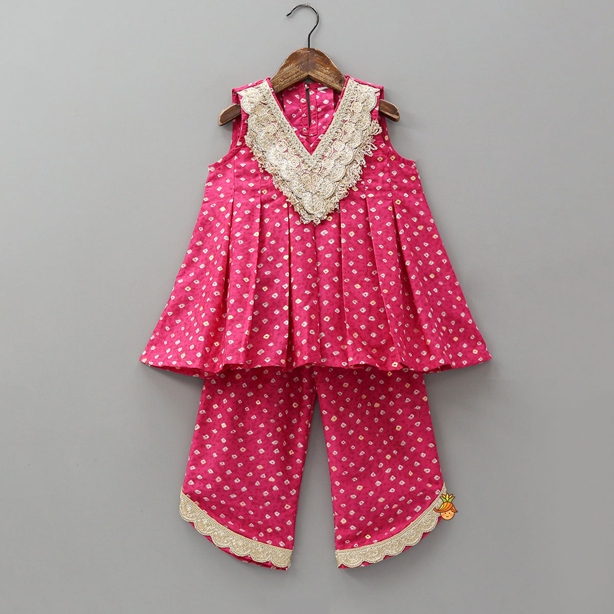 Pre Order: Box Pleated Bandhani Printed Kurti And Stylish Pant With Potli Bag