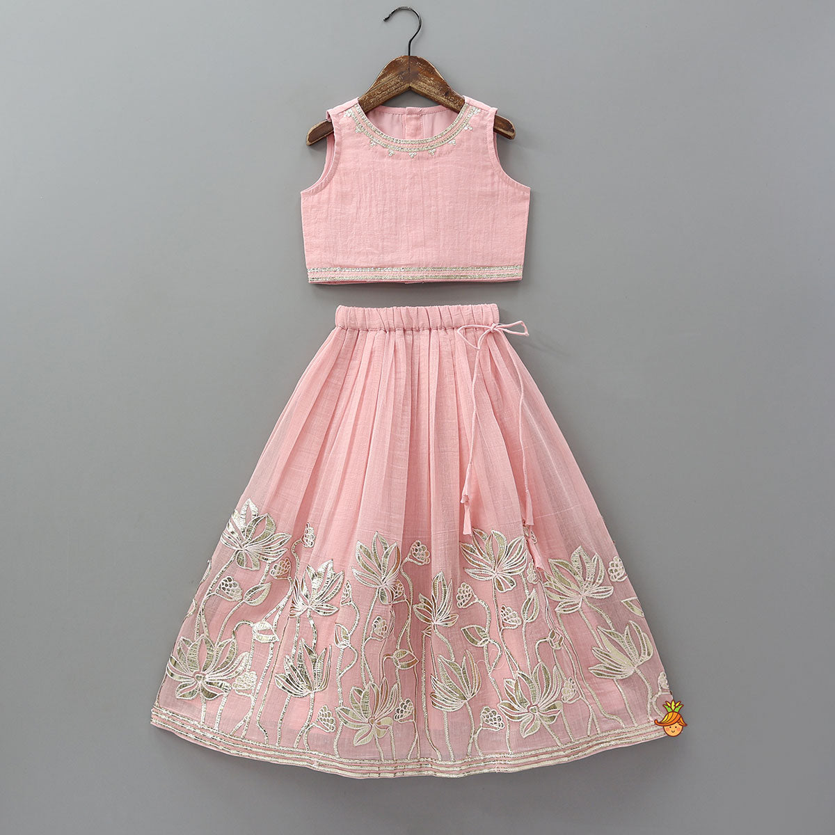 Pre Order: Round Neck Crop Top And Floral Work Lehenga